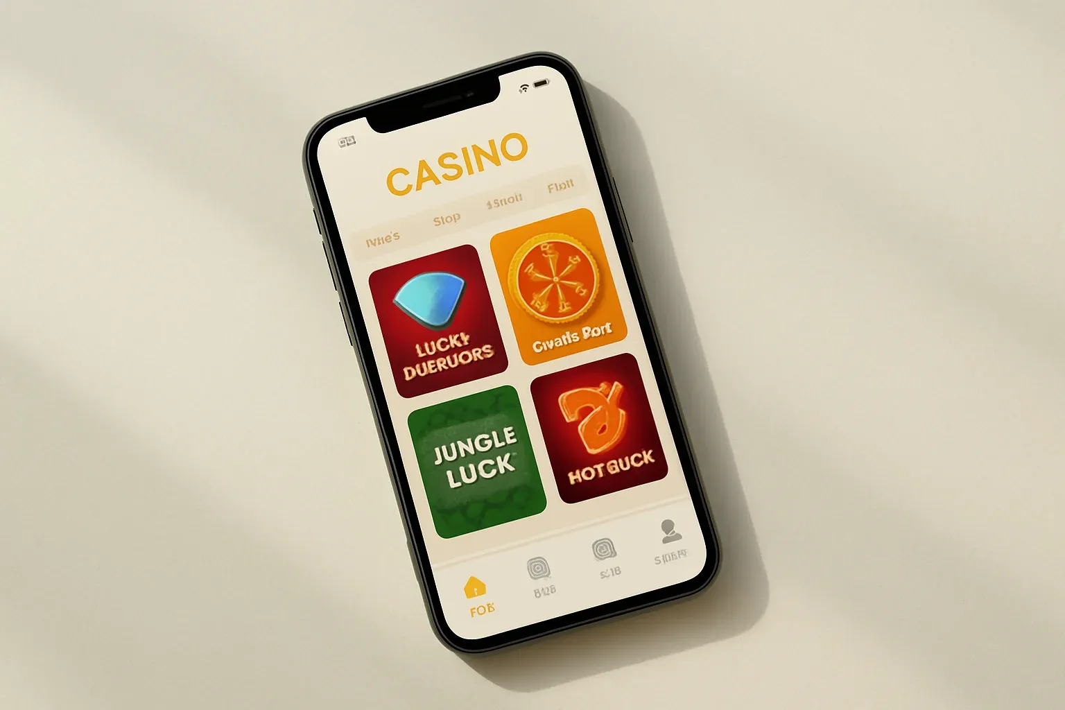 Casino App Smartphone Smartphone displaying light themed casino app interface on cream background
