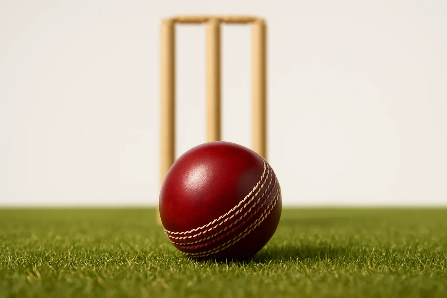 Red cricket ball on mown pitch grass with stumps at dusk