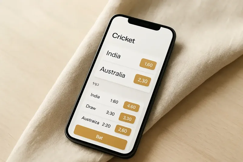 Phone screen showing cricket match betting odds in modern white and gold UI