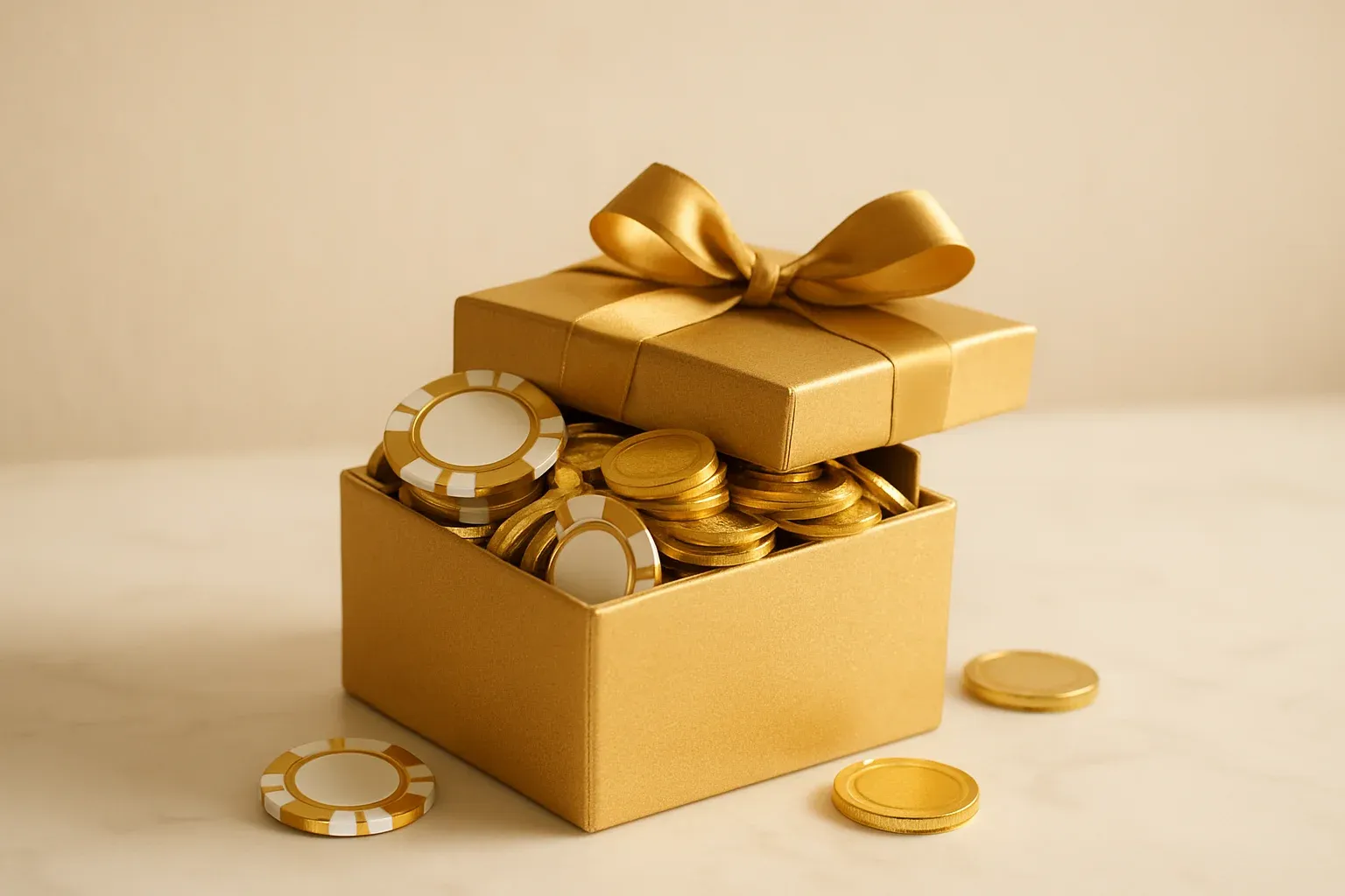 Golden gift box overflowing with poker chips and gold coins