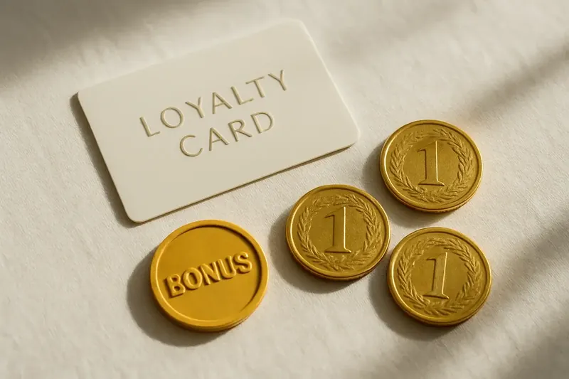 Loyalty card, bonus token and gold coins on white linen