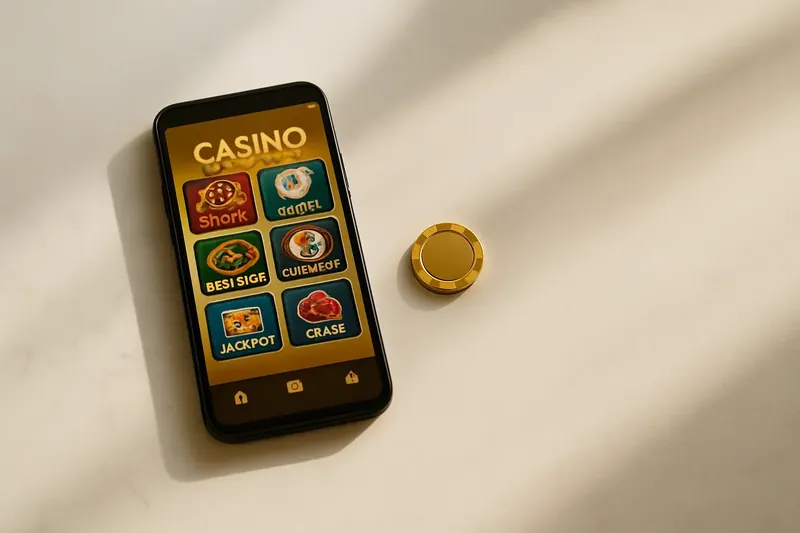Smartphone on white marble showing colorful casino game lobby