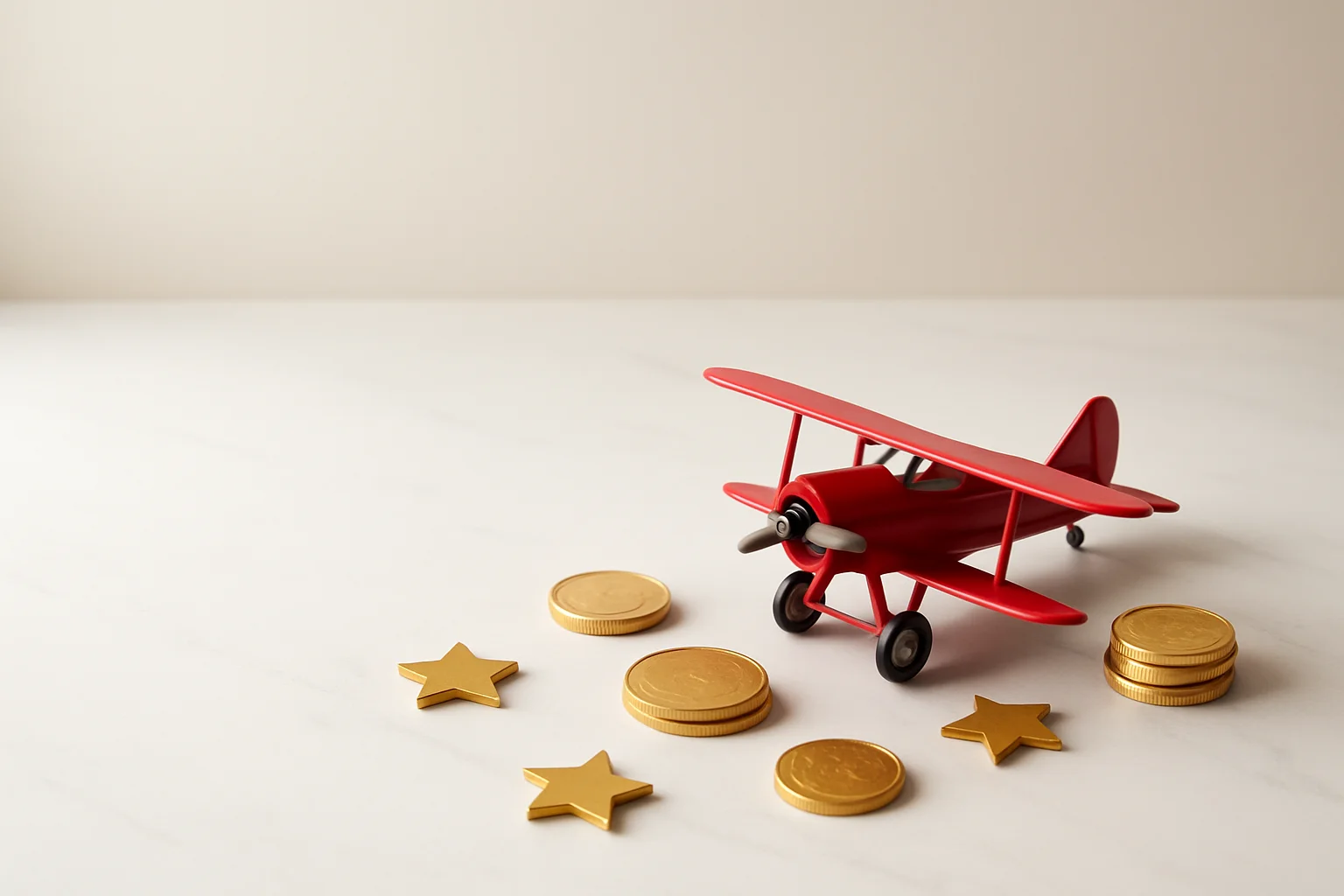 Miniature red airplane with gold coins and star tokens on marble