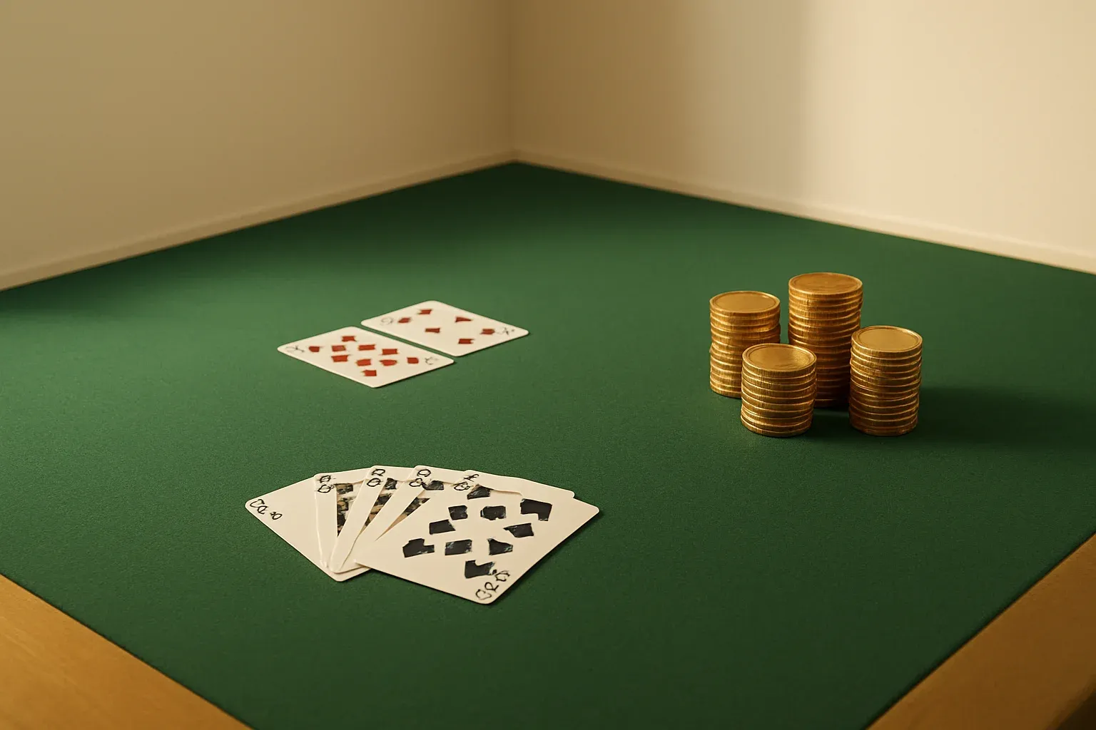 Clean casino table close-up with green felt, cards, and gold chips