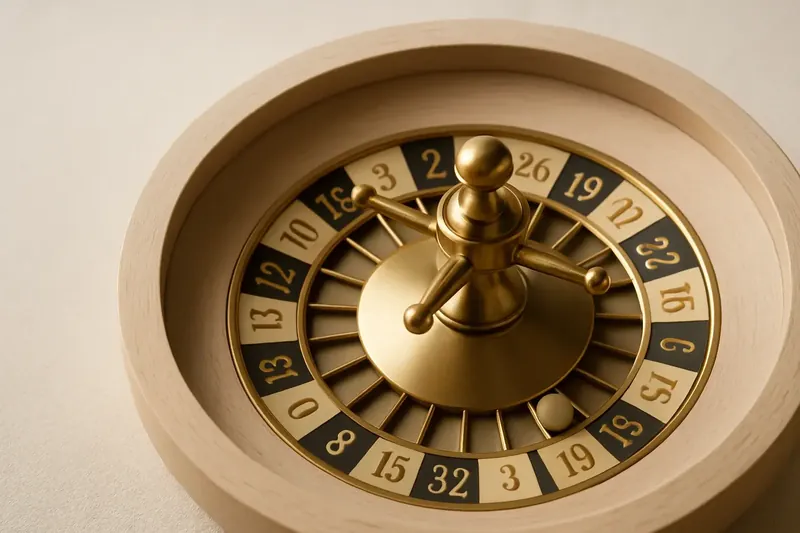 Close-up overhead of roulette wheel center with gold accents
